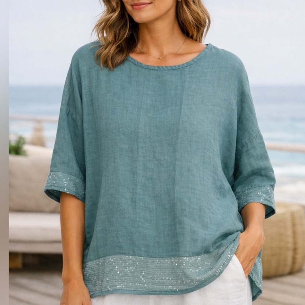 Teal blue boxy 100% linen top sequined hem made in Italy lagenlook